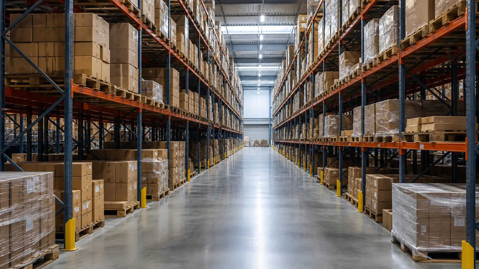 Long warehouse aisle with organized racking and palletized cartons, representing industrial distribution