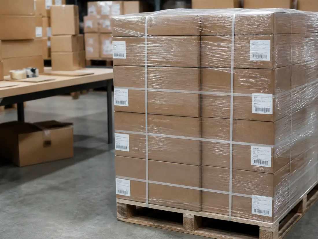 Corrugated cartons, stretch wrap and palletized shipping prep