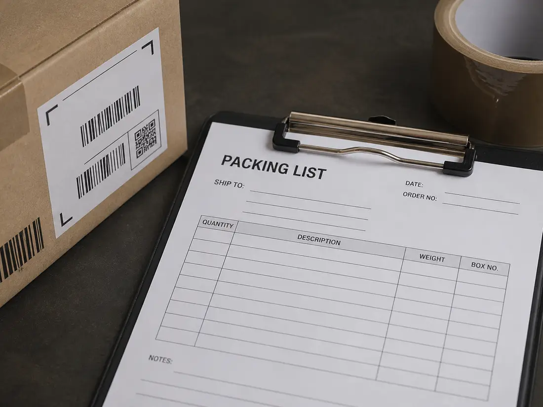 Packing documentation on a clipboard beside a carton