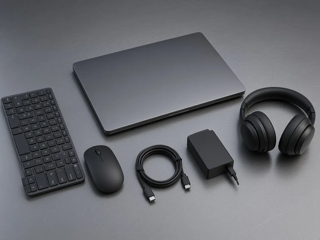 Unbranded laptop, keyboard, mouse, headphones and cables on a desk