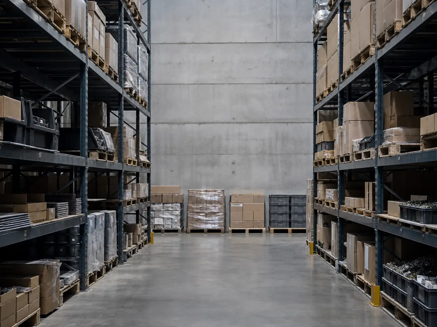Organized industrial racking with cartons, hardware bins and palletized supplies