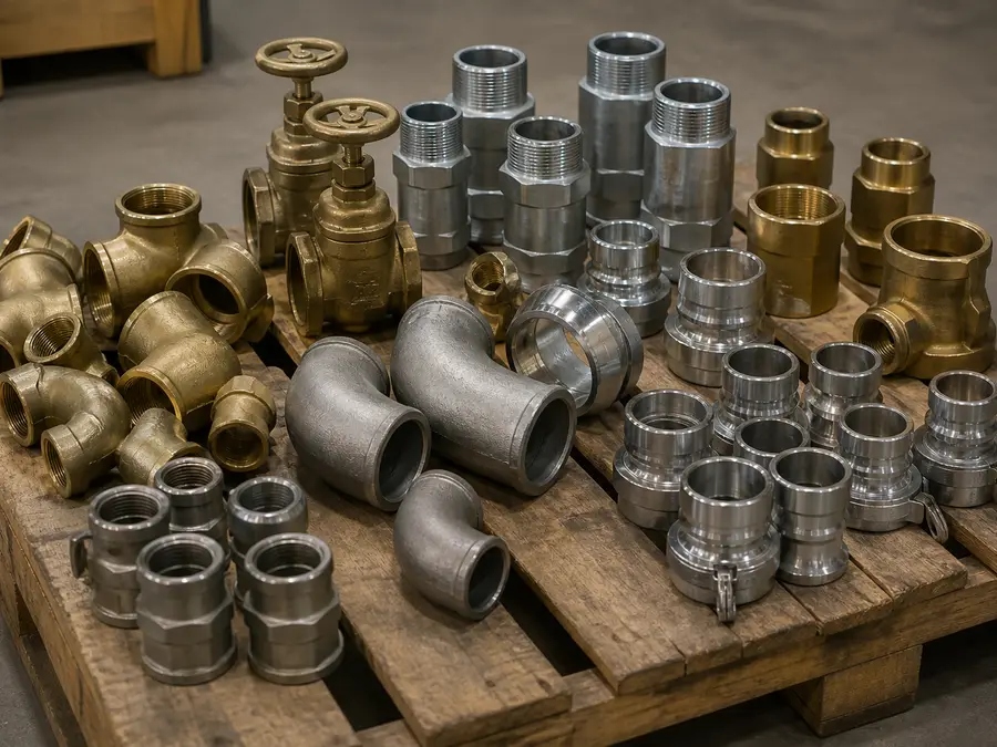 Industrial pipe fittings, valves and couplings on a pallet