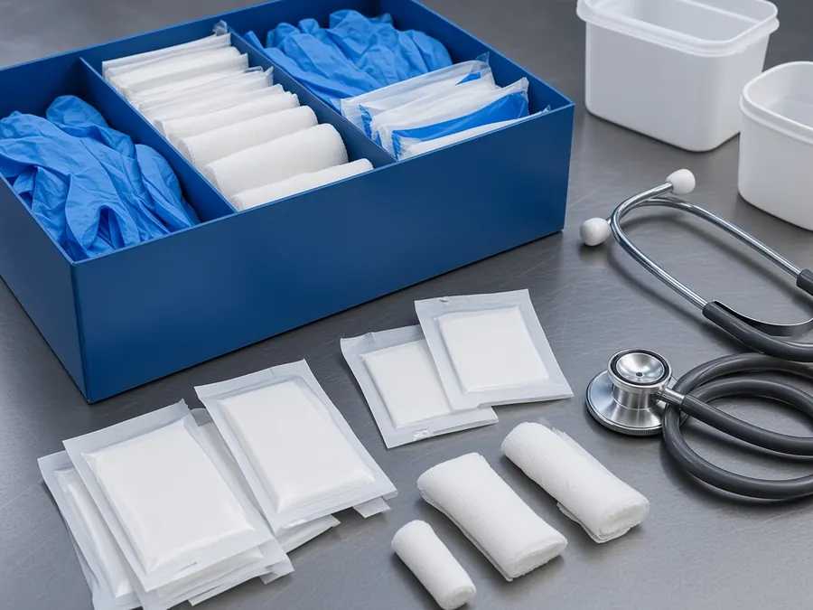Unbranded exam gloves, gauze, sealed dressings and a stethoscope on a steel work surface