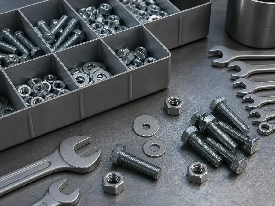 Unbranded fasteners, wrenches and shop hardware on a steel workbench