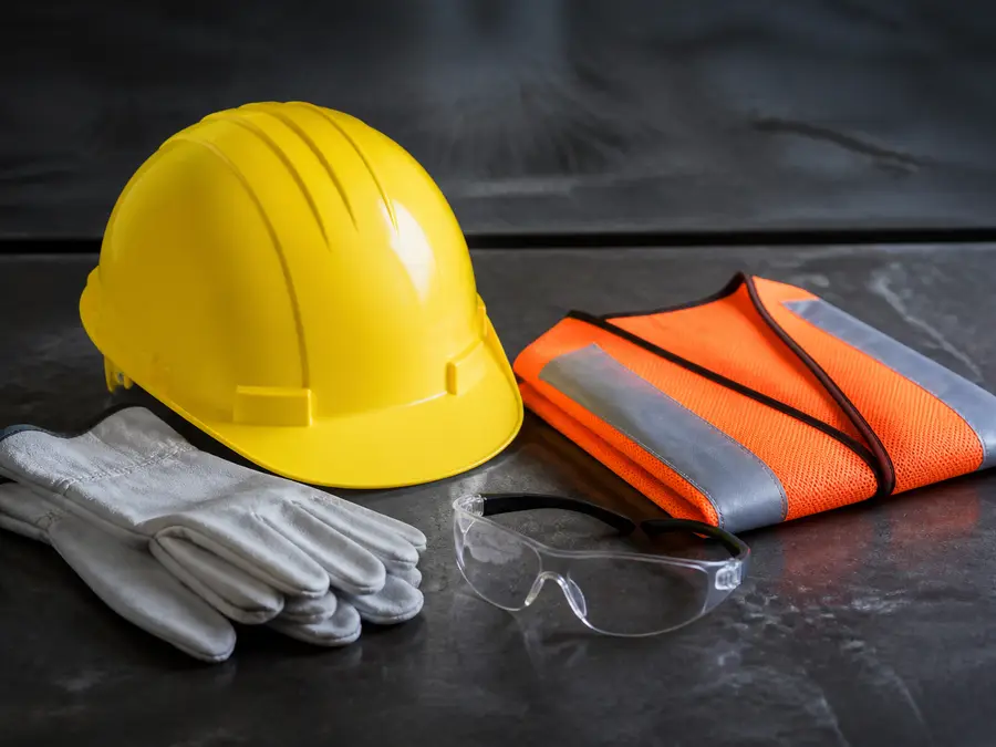 Hard hat, work gloves, safety glasses and a reflective vest